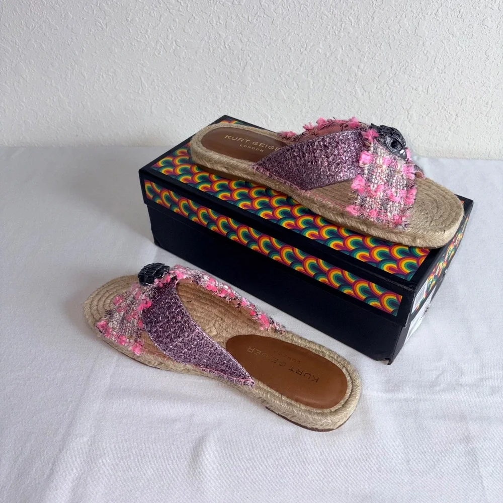 Kurt Geiger London Espadrille Slide 10  Eu 41 Pink Tweed Eagle Head Woven Flat